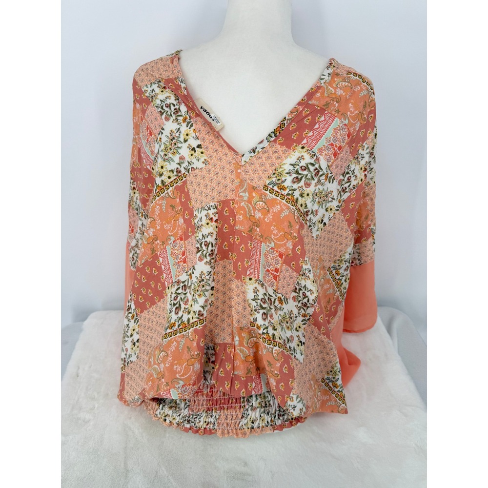 Adora Patchwork Floral Blouse Womens Medium‎ Coral V-Neck Smocked Waist